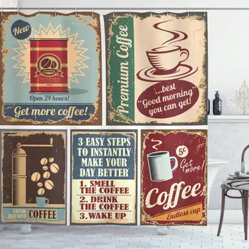 

1950s Decor Collection, Coffee Posters and Metal Signs Artistic Design Bean Cup Tin Espresso Mug Cappuccino Logo, Polyester