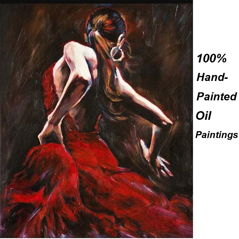 

Beautiful Canvas Art Oil Painting Office Lobby Wall Decor Spanish Flamenco Dancer in Red Dress Handmade Portrait Artwork Modern