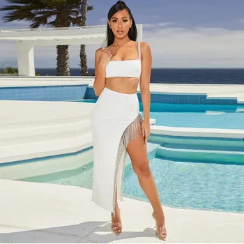 

White Fashion Tassel Summer Two Piece Sets 2019 Women New Sexy Spaghetti Strap Backless Short Tops&High Waist Slit Long Skirts