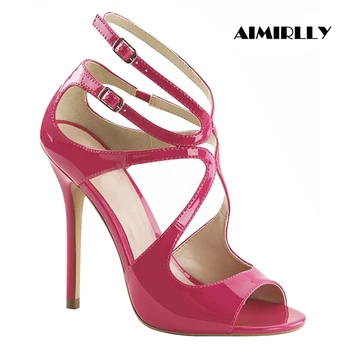

Shiny Strappy Sandals Peep Toe High Heels PU Women Shoes Ankle Strap Stiletto Summer Party Dress Elegant Lady Big Chart 12cm