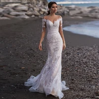 Sexy Scoop Long Sleeves Mermaid Wedding Dresses Customized abito da sposa Sweep Train Lace Bridal Gown vestido de casamento 1