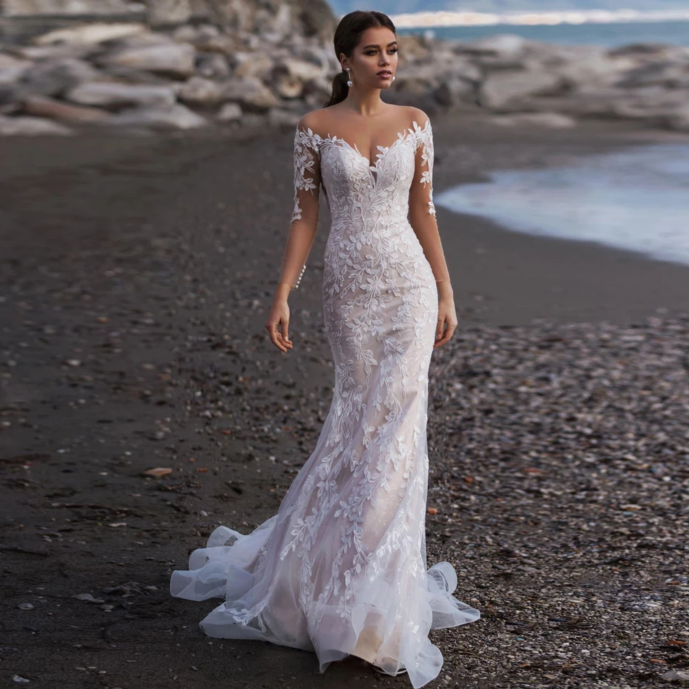 セクシーなスクープロングスリーブマーメイドウェディングドレス Abito ダ Sposa スイープトレインレースの花嫁衣装 Vestido デ Casamento ウェディングドレス Aliexpress