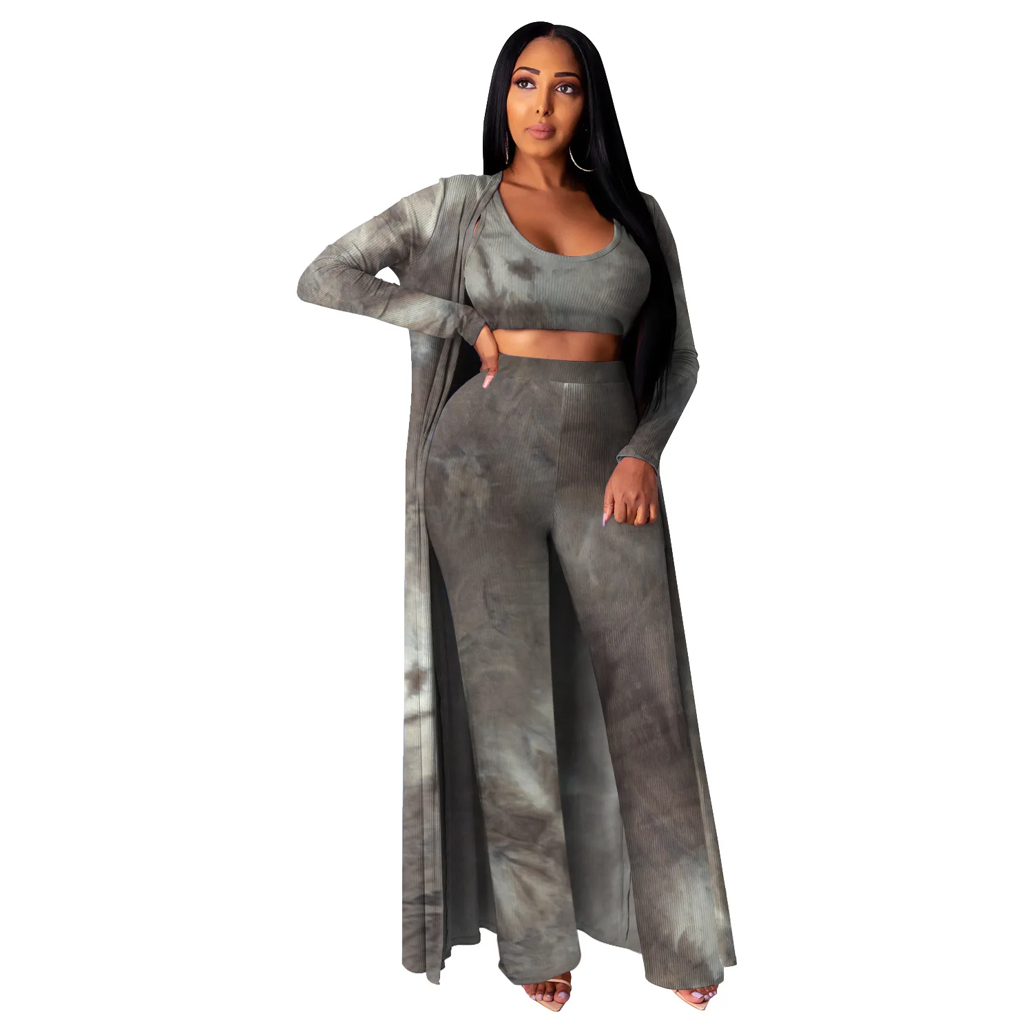 

Tie Dye Print Cardigan Knitted Women Suit Tracksuits Off Shoulder Crop Tops X-long Coat Straight Pants Suit Outfit Matching Set