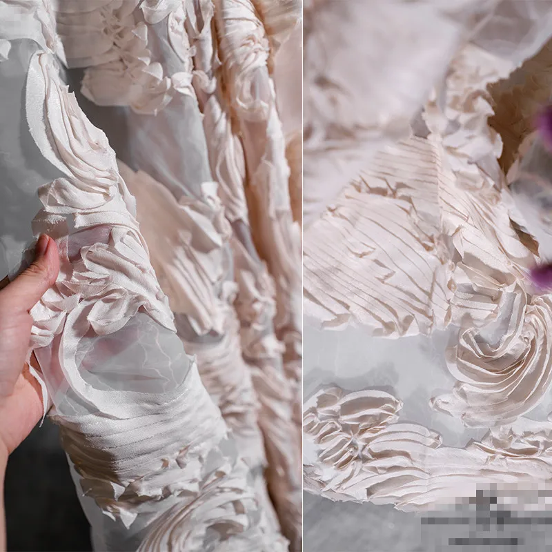 

50cm*135cm/piece apricot Three-dimensional textured organza designer fabric mesh perspective clothing fabric