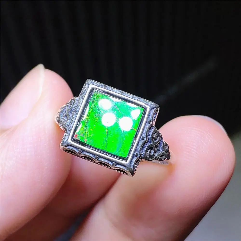 

Genuine Natural Ammonite Ammolite Green Gemstone Adjustable Ring 11x11mm 925 Sterling Silver Rectangle Ring AAAAAA