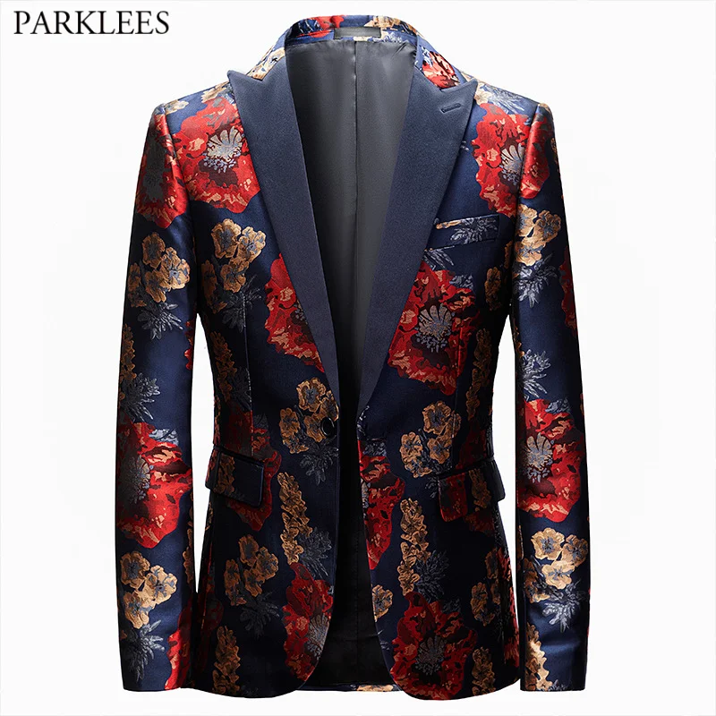 Mens Floral Embroidered Tuxedo Jacket One Button Peak Lapel Dress Suit