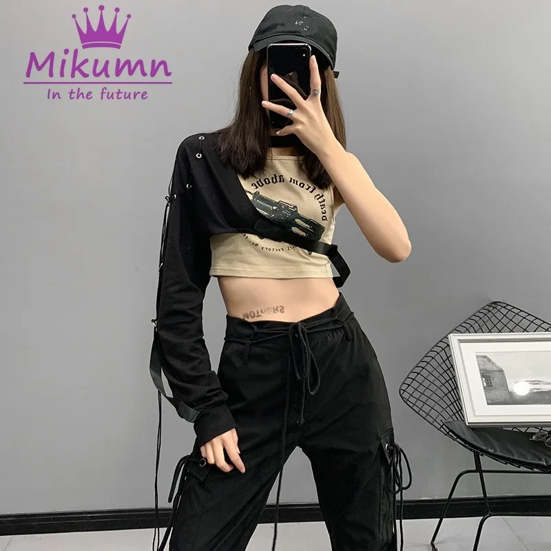 

Punk Harajuku Streetwear Casual Women One Shoulder Buckle Lace Up Irregular Crop Top T Shirt
