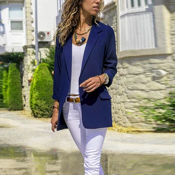 

Women Slim Fit Pocket Long Sleeve Autumn Solid Spring Blazer Outwear Casual Turn-down Collar Office