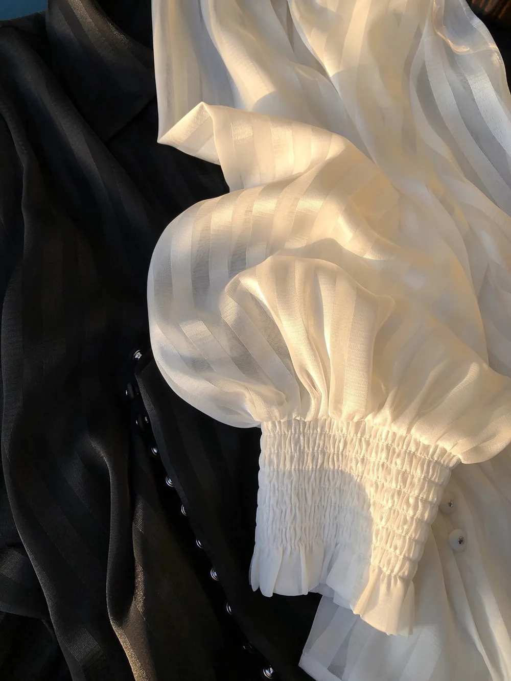Women White/Black Contrast Stripe Multi Buttoned Micro-transparent  Blouse Shirt - Ladies Long Sleeve Lapel Top 2