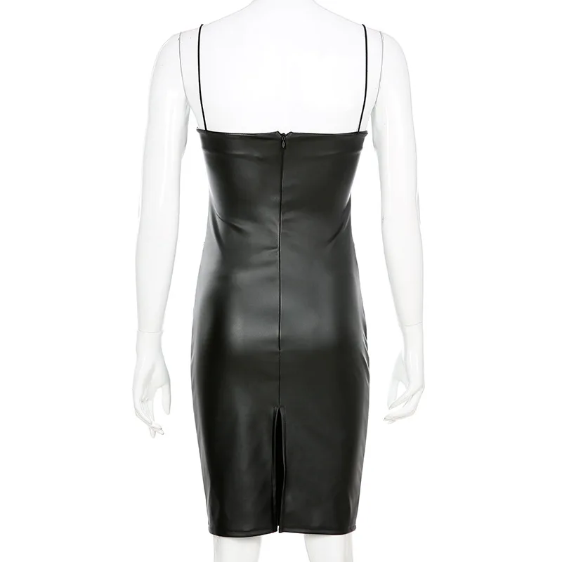 Ellolace Fashion Pu Leather Black Midi Dress Women Spaghetti Slim Dresses Party Elegant Lady Backless Dresses 2019 Sexy Clothes