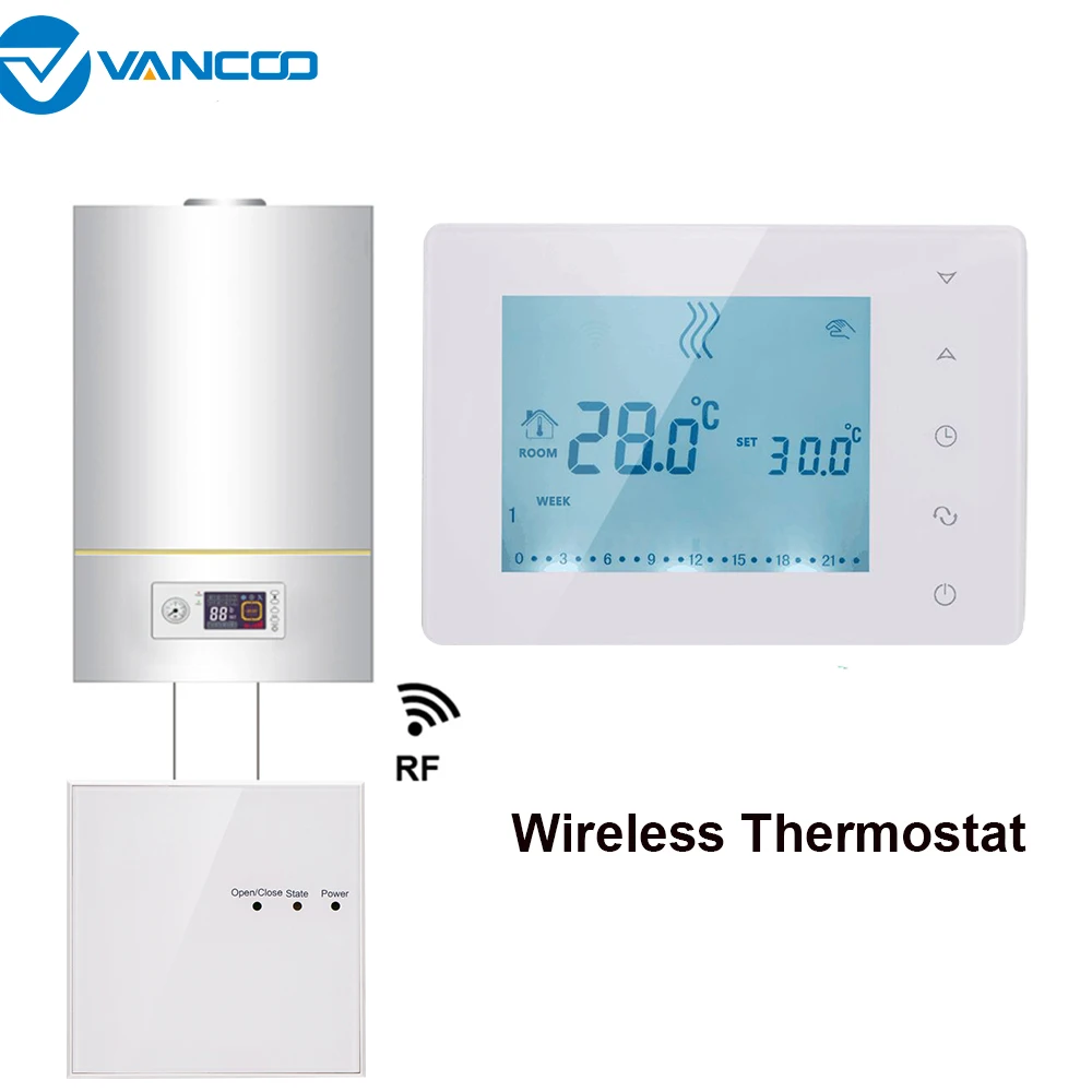 

Vancoo RF Wireless Digital Thermostat Wall-hung Gas Boiler Heating Weekly Programmable Temperature Controller Batteries Powered