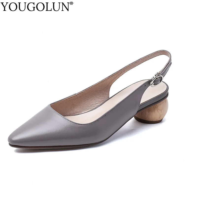 

Cow Leather Sandals Women Summer Ankle Strap New Strange Style Heels C278 Sandal Slingbacks Woman Blue Beige Closed Toe Shoes