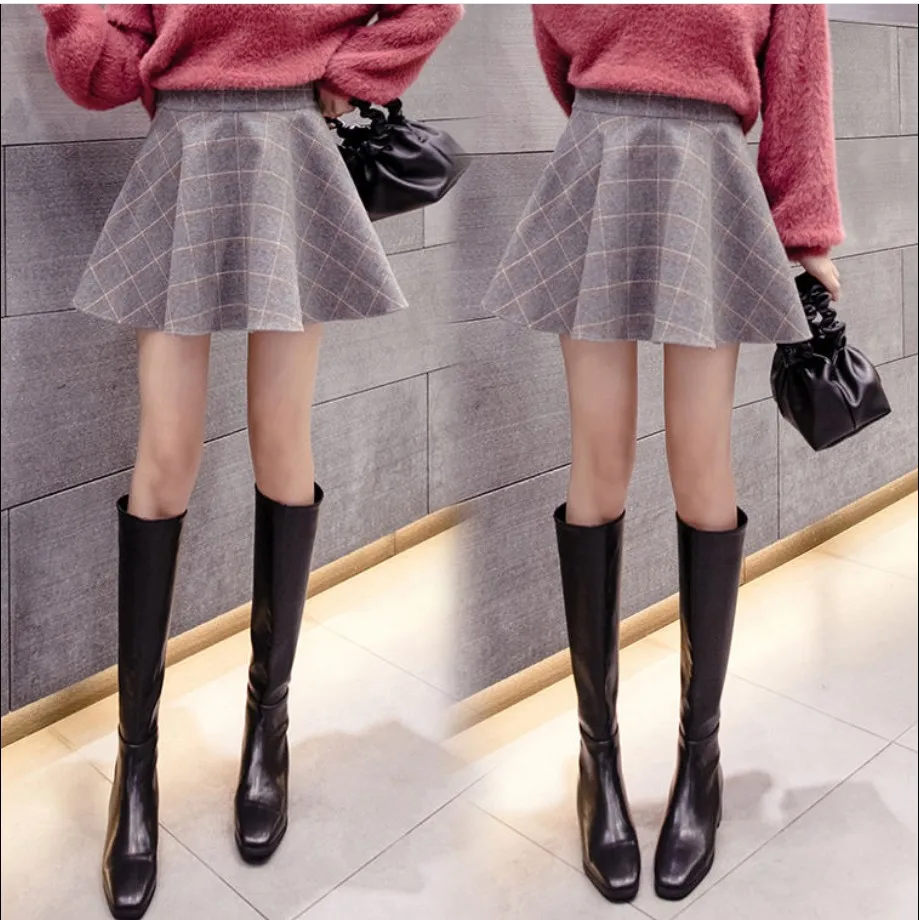 Gray Grid skirt FairyShely, летняя клетчатая юбка с высокой талией, Женская винтажная короткая твидовая плиссированная юбка, Женская Корейская шерстяная мини-юбка с рюшами в стиле ретро - Цвет: Gray Grid skirt