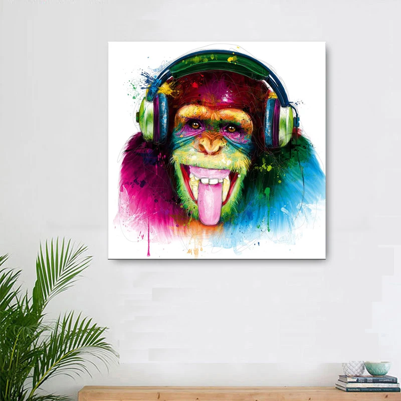 

Animal Monkey Canvas Printed Painting Modern Funny Thinking gorilla with Headphone Wall Art for Living Room Decor