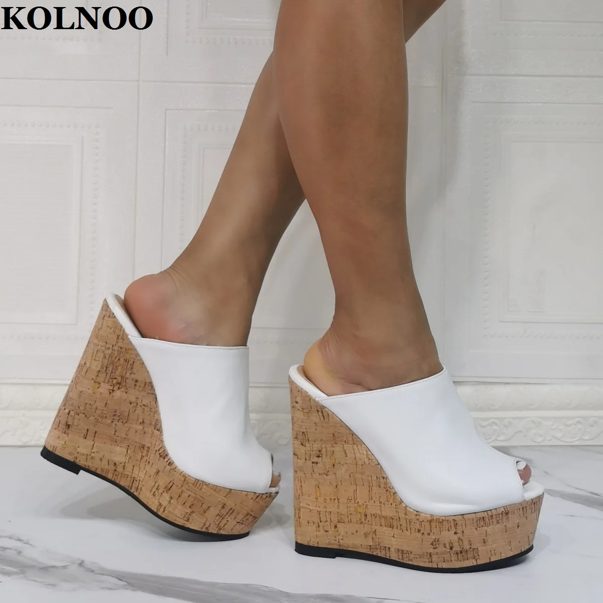 

KOLNOO New Real Photos Womens Wedges Heels Slippers Faux Leather Peep-Toe Wedding Sexy Party Prom Evening Fashion Sandals Shoes