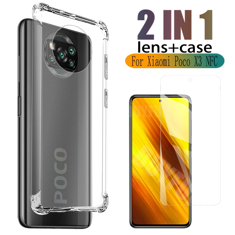 1-2pcs Transparent Silicone Case For Xiaomi Poco X3 NFC Solid Screen Film Glass for Premium Protectors | Мобильные телефоны и