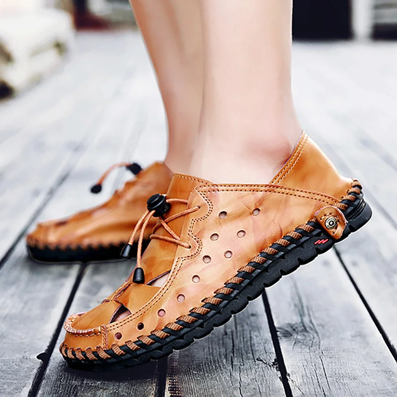 

Men's Sandals Genuine Leather Summer Large Size 45-46 Breathable Hollow Beach Sandals For Men Lace-Up Sewing Mans Footwear