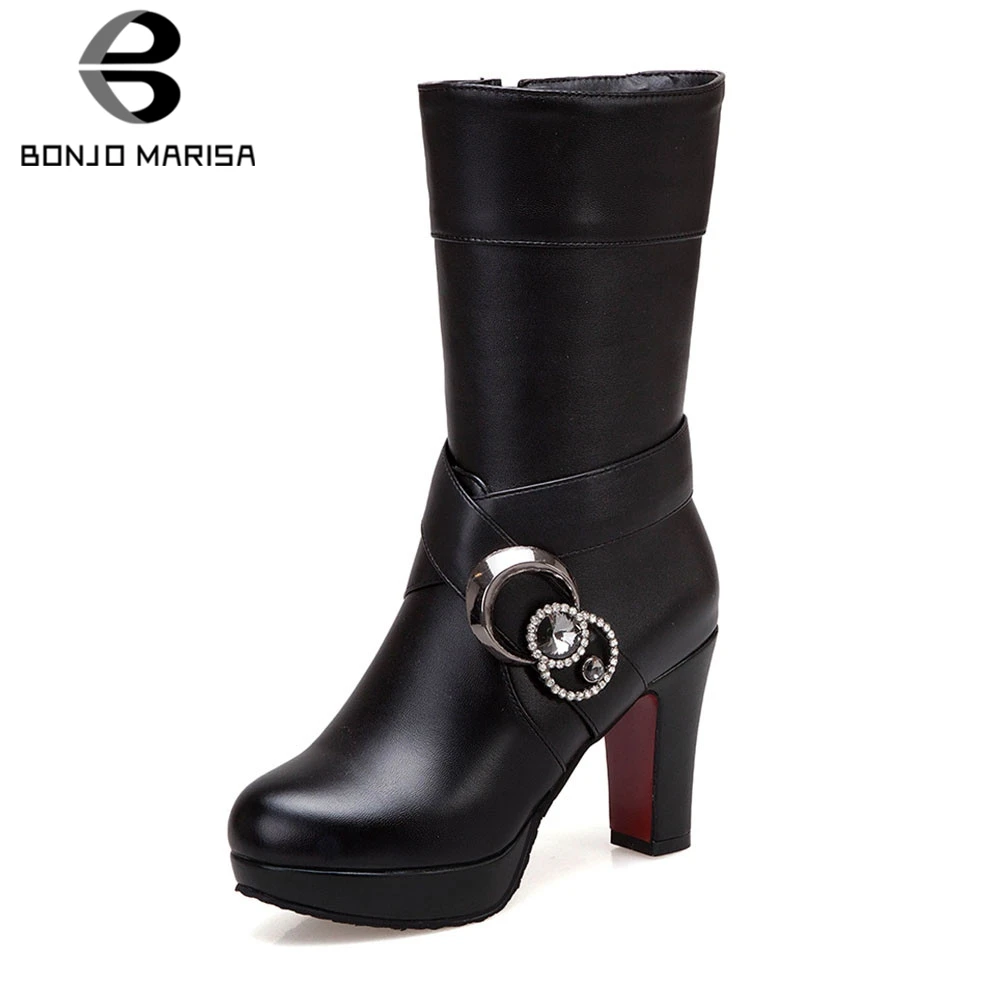 

BONJOMARISA New Big Size 33-43 Women Mid Ccalf Boots Fashion Metal Decoration Crystal Shoes Woman Party Office Winter Boots