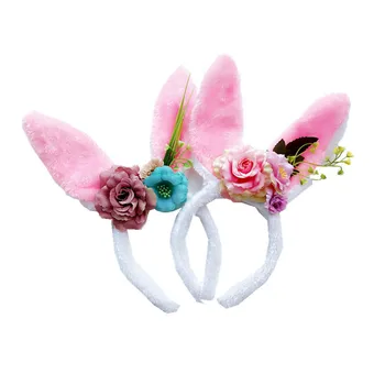 

DUOJIAOYAN Rabbit Ears Headband Artificial Flower Hair band Headwear For Kids Festival Cute Plush Baby Hair Accessories