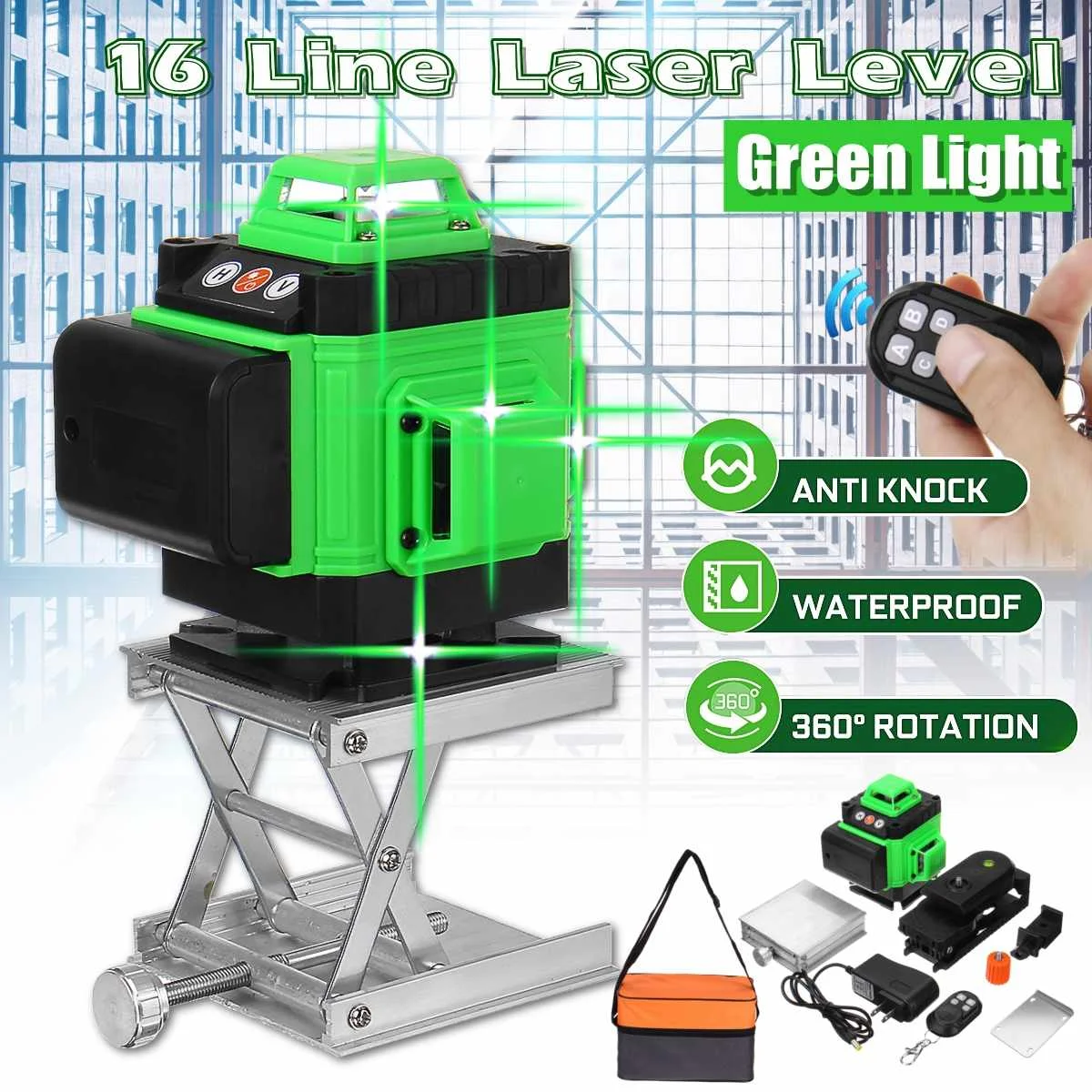 Laser Level 3D 16 Lines Adjustable 360 Self Leveling Horizontal Vertical Cross Green Laser Waterpro