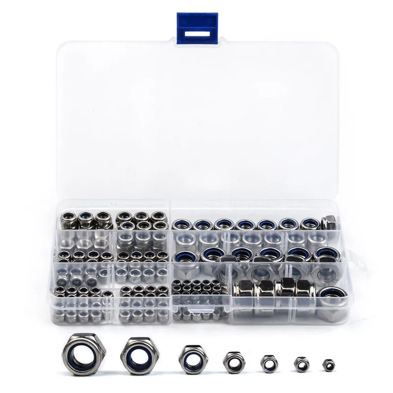 

EASY-170Pcs/Set Lock Nuts Fastener M3/M4/M6/M8/M10/M12 Metric Thread Stainless Steel Self-Locking Hex Locknut Kit