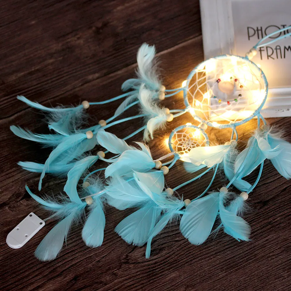 Creative LED Hanging Crafts Ornament Dromenvanger Dreamcatcher Home Wind Chimes Gift Decoration Wall Feathers Car