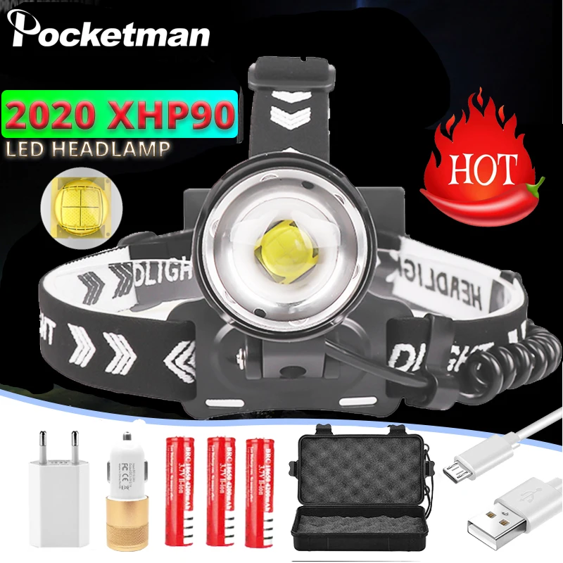 

400000Lumen NEW XHP90.2 Headlamp LED Fishing Headlight Ultra Powerful Head Lamp Zoomable USB Flashlight 18650 Light Camp Lantern