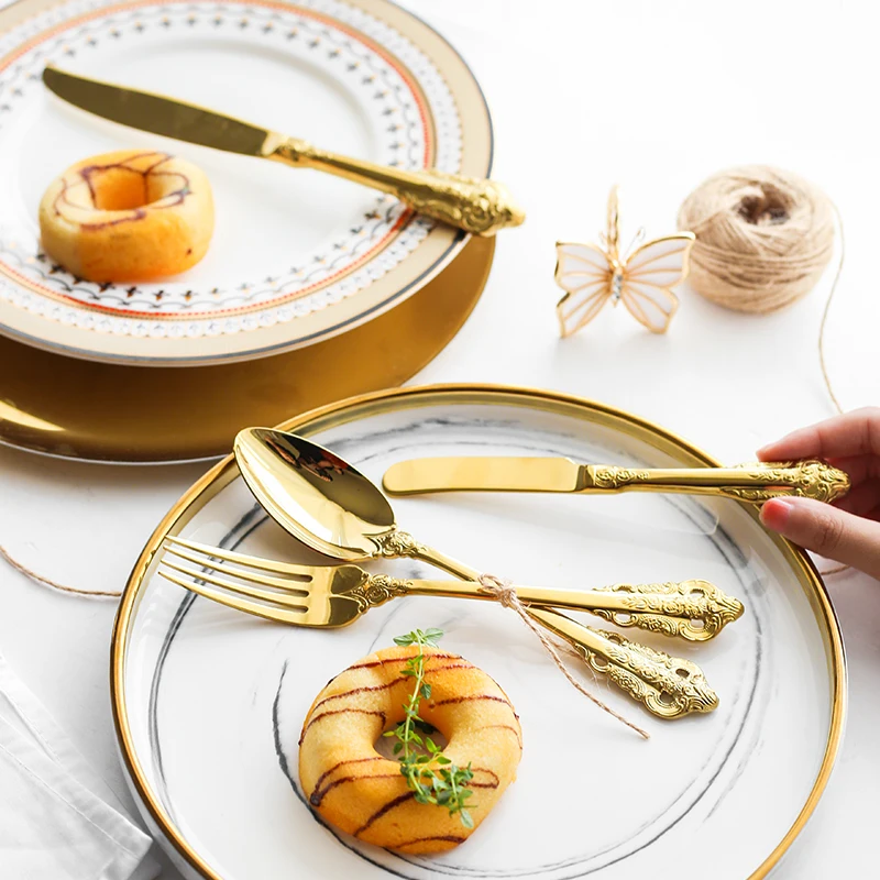

12pcs Stainless Steel Retro Flatware Luxury Gold Dinnerware set Wedding Festival Christmas Party Tableware Knife Fork Spoon set