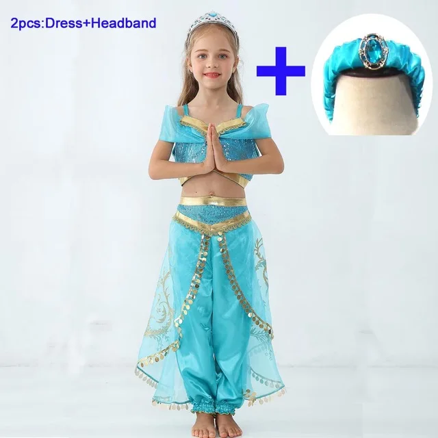 Aladdin Lamp Princess Jasmine Cosplay Costume Girls Halloween Fantasia Arab Princess Fancy Dress Up Outfit Girls Jasmine Costume - Цвет: dress Add Headband