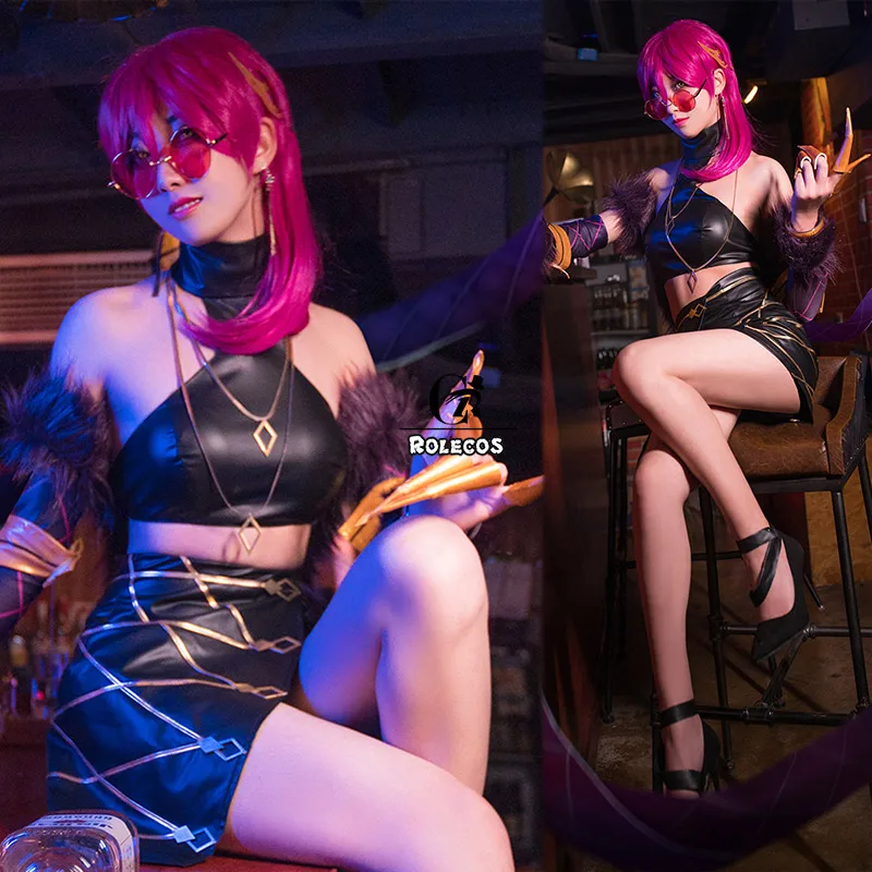 ROLECOS Game LOL K/DA Evelynn Cosplay Costume Set - Women's Sexy Leather Top, Skirt, and Cape. Perfect for LOL KDA Evelynn Cosplay. image 3
