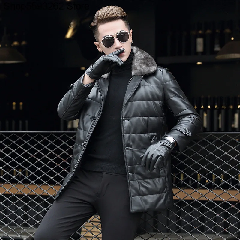 

2020 New Winter Genuine Leather Down Jacket Male Genuine Leather Leather Coat Male Lapel Haining Mink Mao Collar Middle-aged And