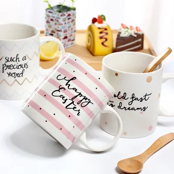 

Nordic Corrugated Letter Ceramic Cup with Spoon Handgrip Breakfast Milk Juice Cups Creative Large Capacity Coffee Mugs for Women