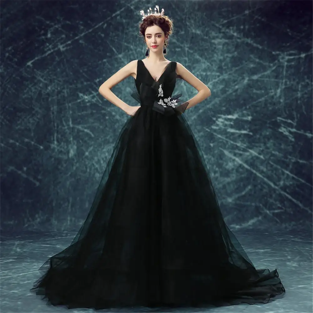 Vestido Preto, сексуальные платья с глубоким v-образным вырезом и шлейфом, элегантные женские вечерние платья без рукавов черного цвета для выпускного вечера, аппликация, Цветочное платье, банкет - Цвет: Черный