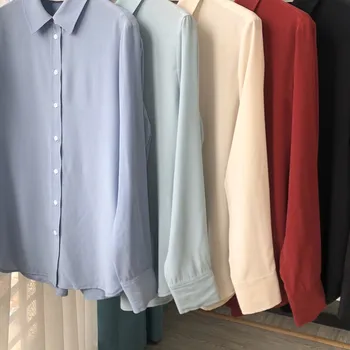 

100% Silk Women's Shirt Turn-down Collar Long Sleeve Five Kind Solid Color Office Lady Blouse with Buttons