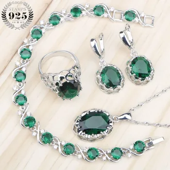 

Bridal Green Zircon Women Costume 925 Silver Jewelry Sets Necklace Rings Earrings Set With Stones Bracelets Jewelery Gift Box