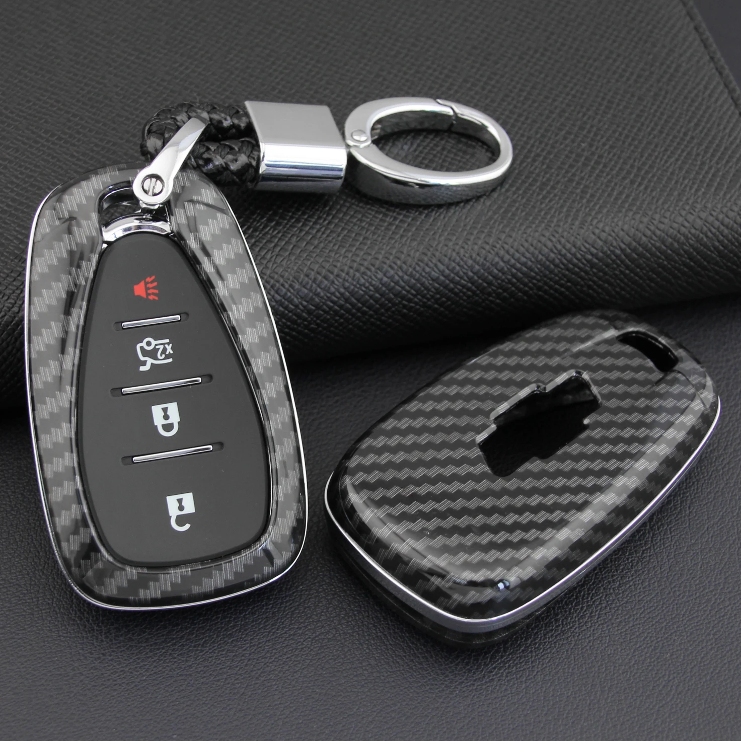 Blue Carbon Fiber Leather 5 Buttons Key Fob Cover Chain for Chevrolet Buick GMC 