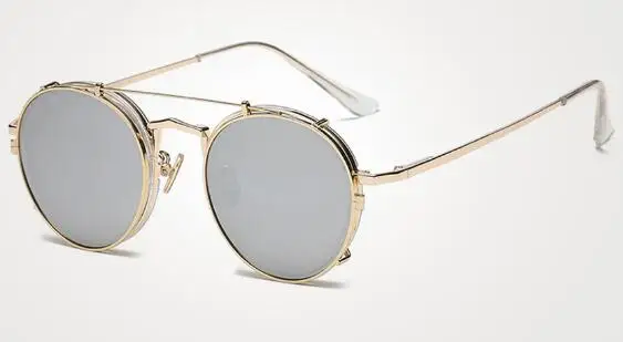 D New Men Double Lenses Round Sunglasses 8 Colors Metal Frame Mirror Color Lens UV400 Retro Eyeglasses With Box - Цвет линз: D