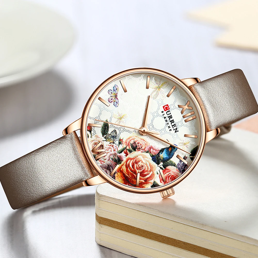 CURREN Beautiful Flower Design Watches Women Fashion Casual Leather Wristwatch Ladies Watch Female Clock Women's Quartz Watch