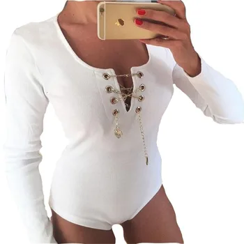 

Sexy Tie Chain V Neck Simple White T-shirt Tops for Women Winter Long Sleeve Casual Outerwear Eye Hole Streetwear Outfits