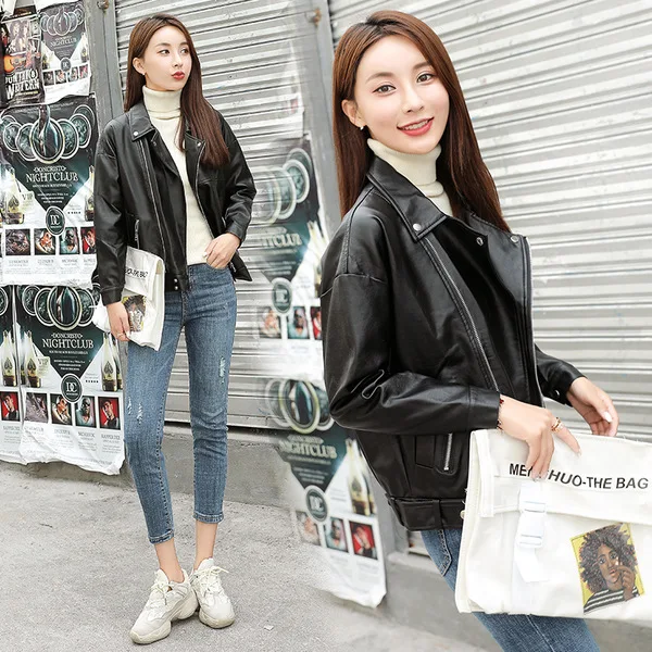 

2019 Autumn And Winter New Style Korean-style Slimming Students BF Style Loose-Fit Biker Leather Jacket Female Leather Coat