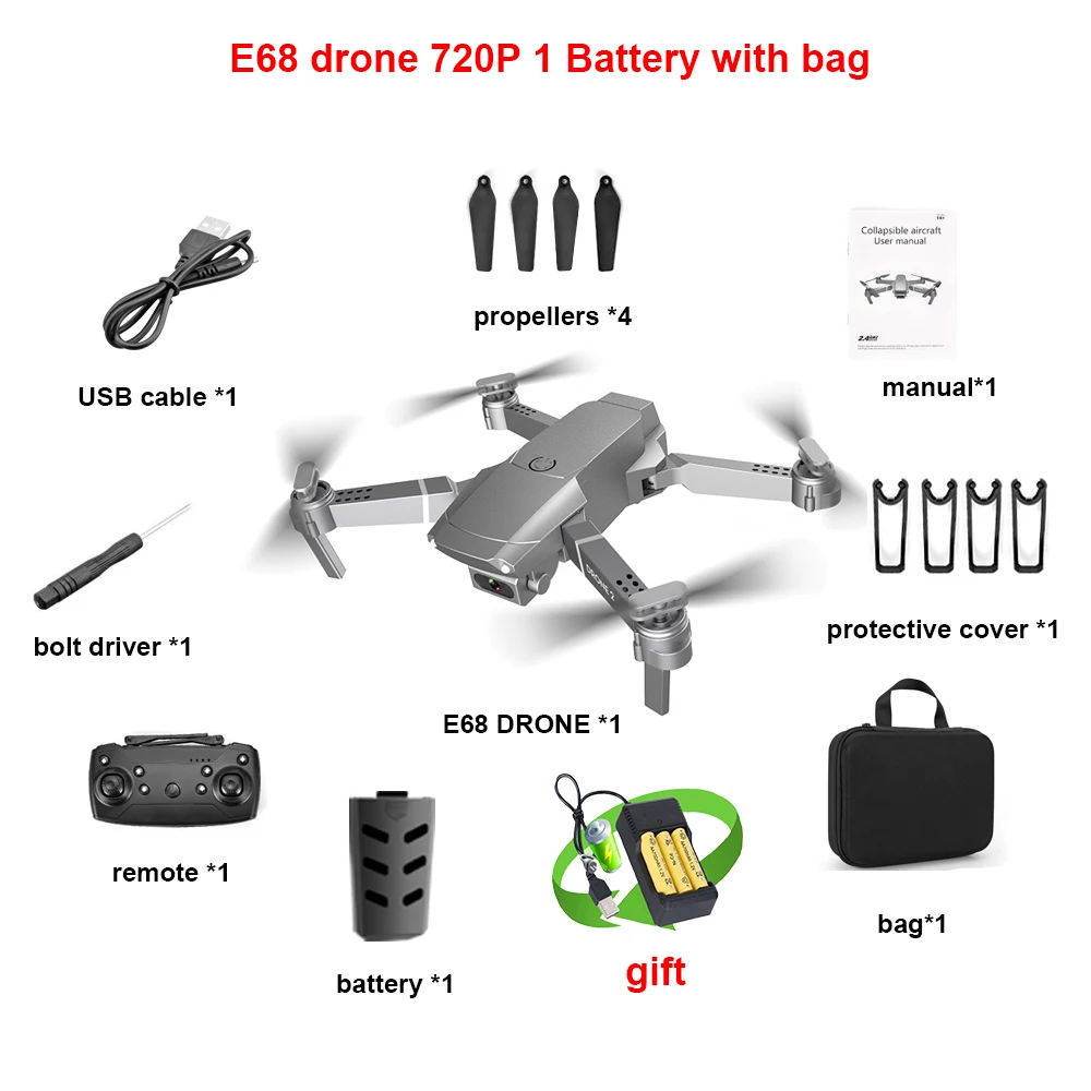 720P 1B BAG E68 wifi FPV мини Дрон Квадрокоптер с широкоугольной камерой HD 4K 1080P режим удержания высоты жесты RC складные дроны VS E58 - Цвет: 720P 1B BAG