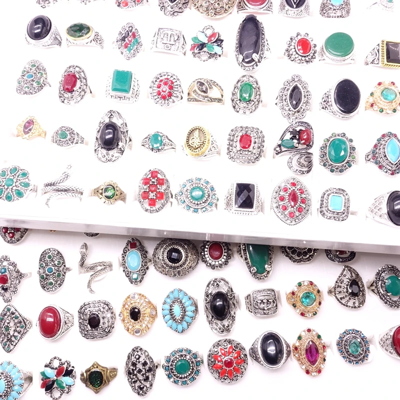 MixMax 50pcs/box Womens Rings Vintage Jewelry Mix Styles Party Favor Gifts Wholesale Lot with a Display Box Gold Silver Plated 6