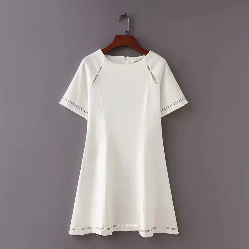 

2018 Early Autumn New Style Western Style Slim Fit Slimming Cotton Linen Washing Tassels Dress Women's Short-sleeved Clothes Cre