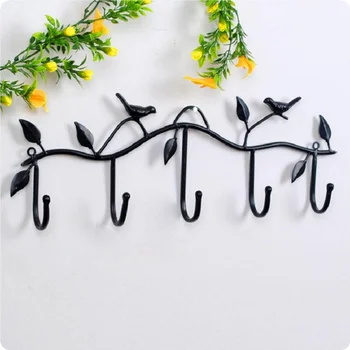 

5 Hooks Iron Clothes Rack Key Holder Bird Leaves Vintage Hat Hanger Sock Shelves Wall Hooks Coat Holder Over Door Home Decor