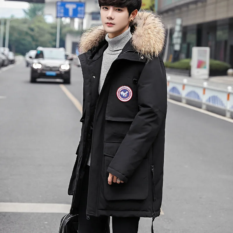 

Plus Size 3XL Fur Collar Mens Medium Long Overcoat White Duck Down Jacket Men Thick Thermal Russia Winter Down Coat -30 degree