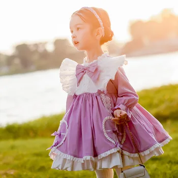 

hot selling Baby Girl purple White Thicken Vintage Spanish Europe Pompom Ball Princess Dress Lolita Christmas Party Dress