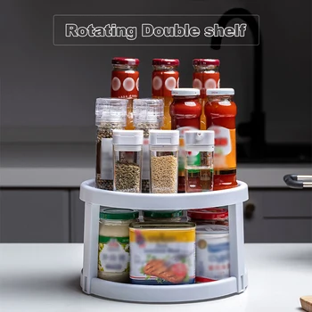 

2-Tier Kitchen Turntable Spice Organizer Non-Skid Seasoning Rack Cabinet Storage Bin for Pantry Refrigerator Drinks Bathroom