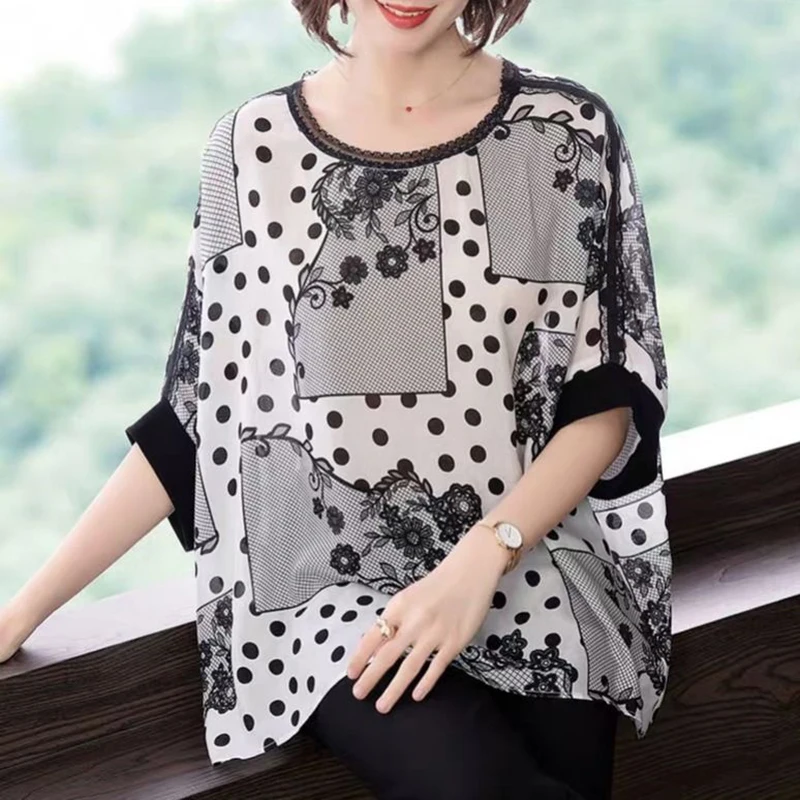 Plus Size Women Summer Style Chiffon Blouses Shirts Lady Casual Half Sleeve O-Neck Printed Blsuas Tops DF3060