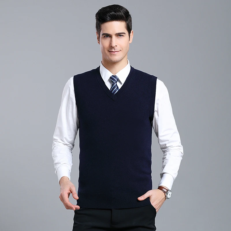 MACROSEA мужской зимний шерстяной пуловер для мужчин толстый v-образный вырез свитера без рукавов однотонный удобный деловой вязаный жилет 7851 - Цвет: Dark Blue