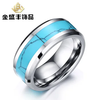 

Tungsten gold ring with Turquoise Inlaid with flat panel edge, Korean hand decorated tungsten steel men's ring